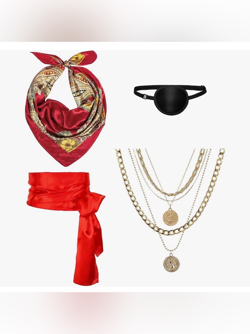 Pirate Costume Accessories Set - Bandana Sash Belt Eye Patch Necklace